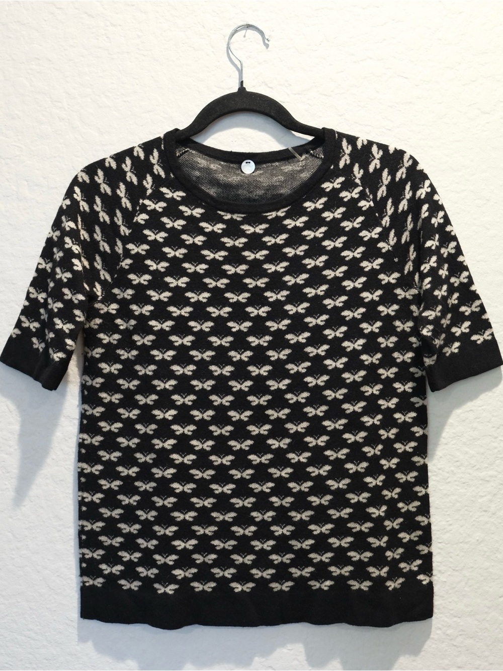 Margaret O’Leary Butterfly Sweater Size S Black & White Short Sleeve Very Soft